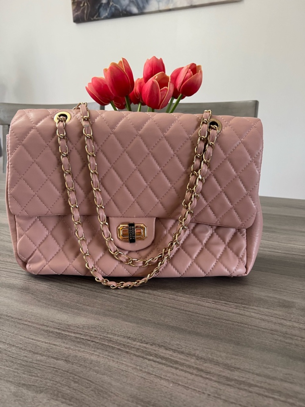 Badgley Mischka Quilted Shoulder Bag in Dusty Rose with Gold Chain
